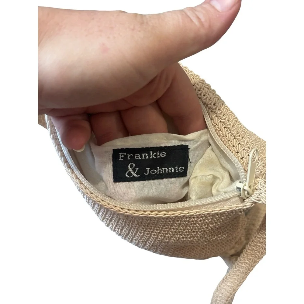 Frankie & Johnnie Crochet Crossbody Bag Tan Beige Floral Embroidered Small Woven